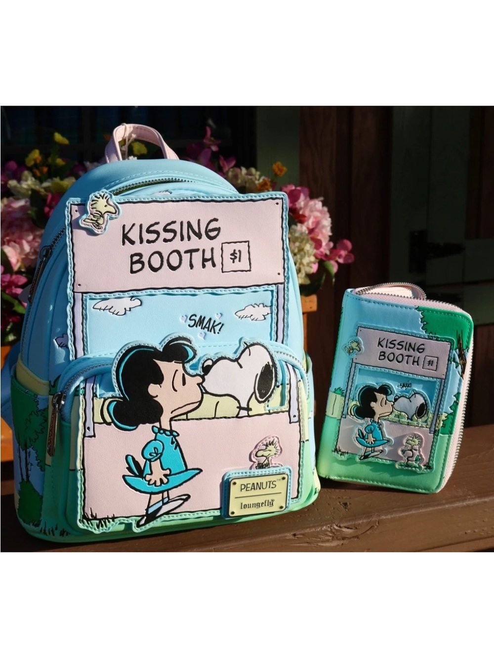 Loungefly Peanuts Snoopy Lucy Kissing Booth Comic Backpack Wallet 2PC Set NWT